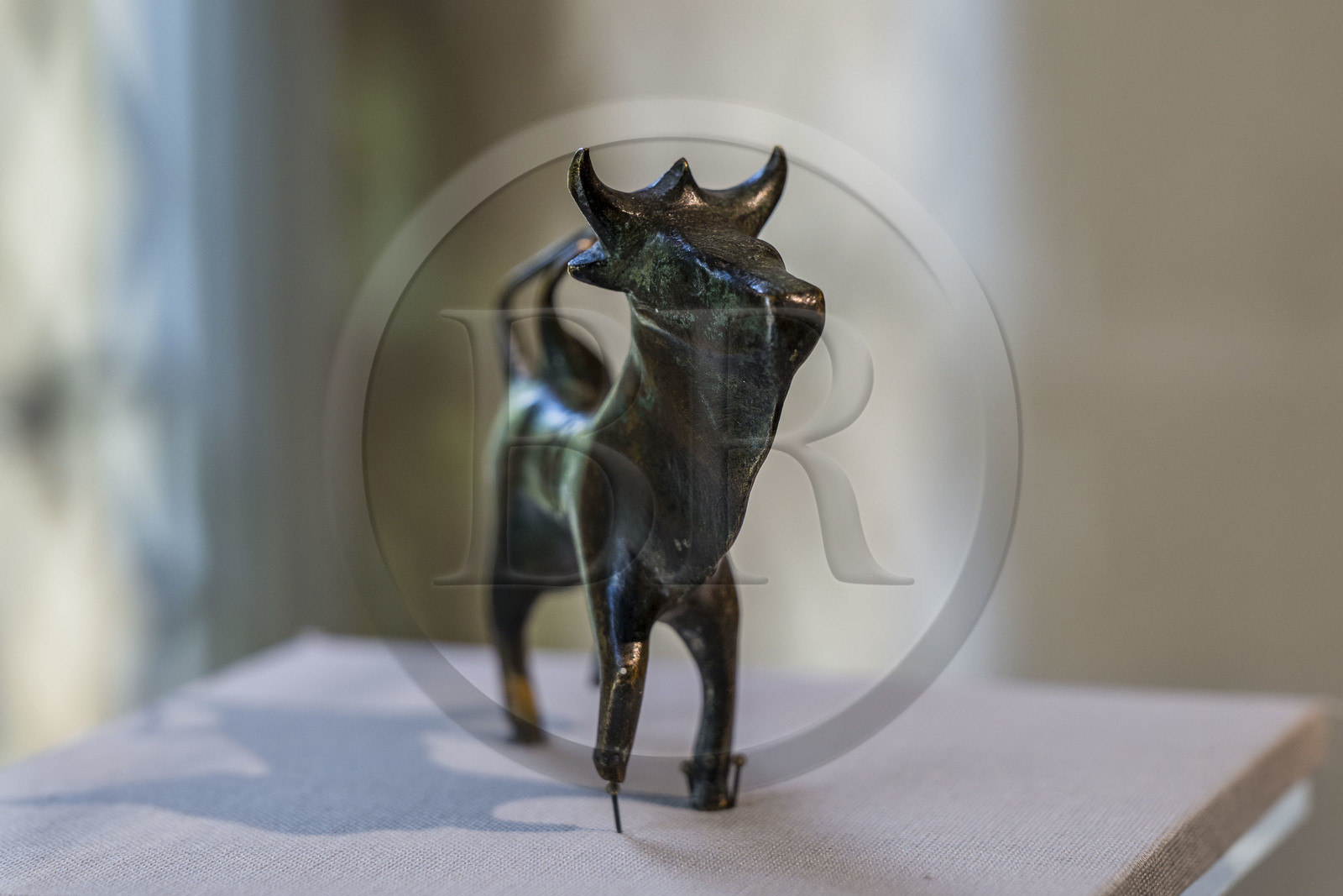 France, Bouches-du-Rhône (13), Parc Naturel Régional des Alpilles, Saint-Rémy-de-Provence, Place Favier, le musée des Alpilles installé dans l'Hôtel de Mistral de Montdragon du XVIème siècle, le Taureau tricorne de Glanum, bronze du 1er ou 2ème siècle après J.-C., culte issu de la mythologie celtique