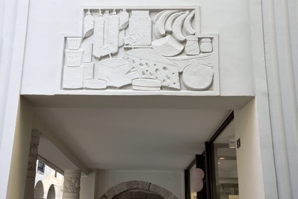 France, Pyrenees Atlantiques, Basque Country, Bayonne, Art Deco bas-relief of a former Felix Potin grocery store