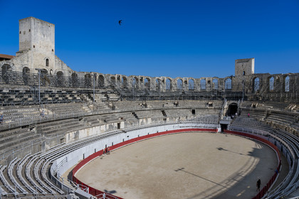 France, Bouches du Rhone, Arles, the Arena, a Roman amphitheater built around 80-90 AD, listed as World heritage by UNESCO, two of three remaining towers out of four built to make a fortress after the fall of the Roman Empire