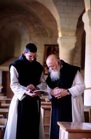 France, Drome, Montjoyer, Notre Dame d'Aiguebelle Cistercian Abbey, monks in the scriptorium