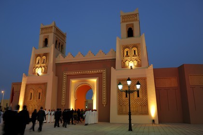 Morocco, Oriental Region, Mediterrania Saidia Seaside Resort, gate of the Medina Saidia Shopping arcade built as a traditional medina