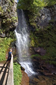 France, Cantal, Parc Naturel Régional des Volcans d'Auvergne (regional nature park of Auvergne volcanoes), Brezons valley, hamlet of Sanissage, the Saut de la Truite (trout jump) waterfall