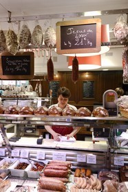 France, Rhone, Lyon, cours Lafayette, les Halles Paul Bocuse (Paul Bocuse covered market), Sibilia charcuterie (pork butcher's shop and delicatessen), saucisson