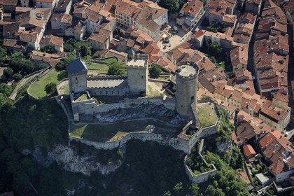 France, Ariege, Foix, 10th-15th centuries castle (aerial view)