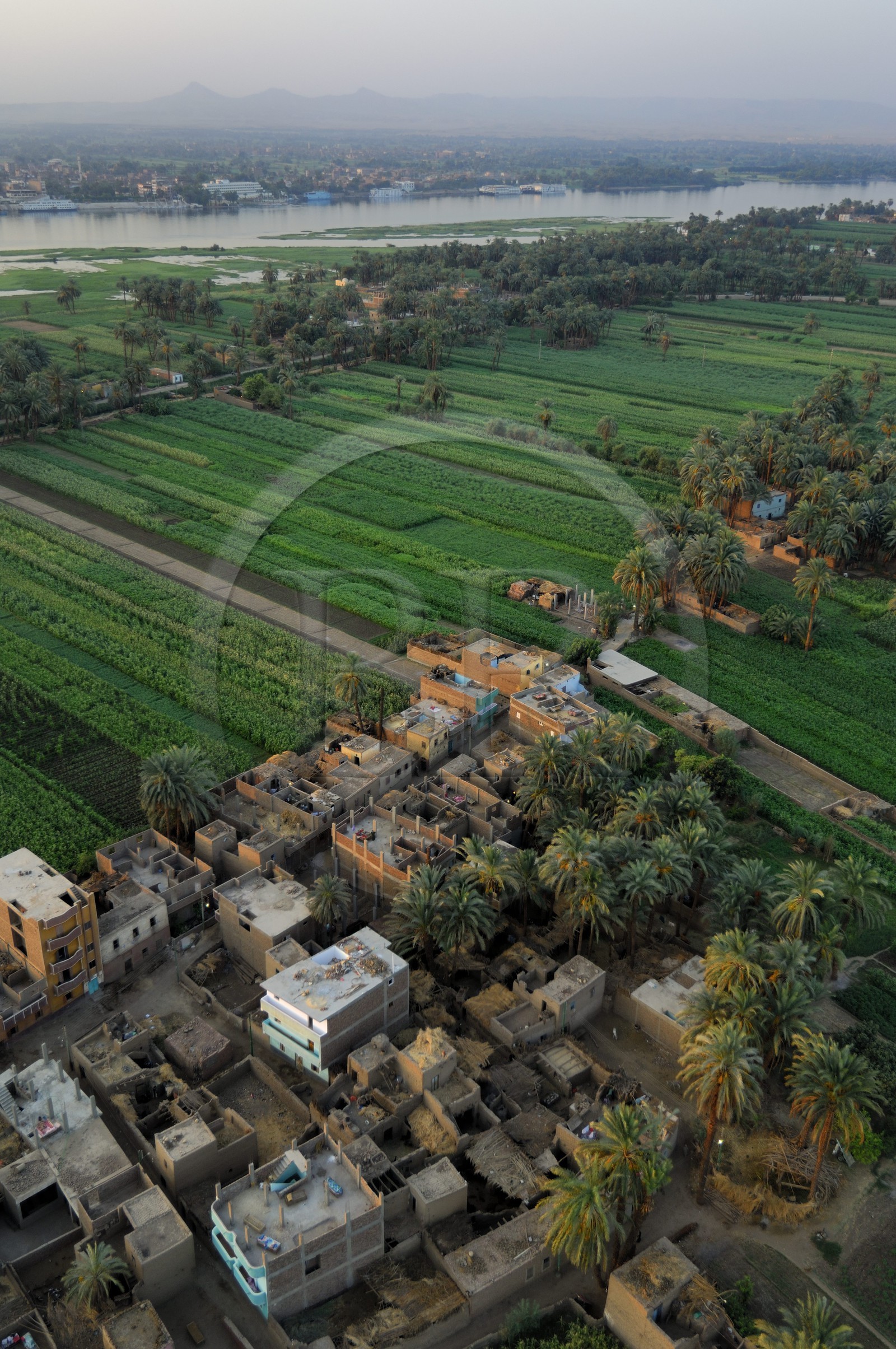Egypte, Haute Egypte, vallée du Nil, Louxor, un village de la rive ouest et le Nil en arrière-plan (vue aérienne)