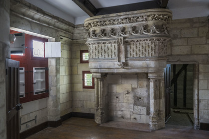France, Loire-Atlantique (44), Nantes, quartier du Bouffay, manoir gothique de la Psallette (XVème siècle), cheminée décorée de mouchetures d'hermine
