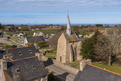 France, Côtes-d'Armor, Plougrescant, St Gonery chapel with its leaning steeple (aerial view)
