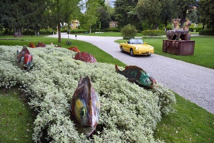 Italy, Tuscany, Florence, listed as World Heritage by UNESCO, Alfa Romeo Duetto Spider yellow cabriolet in the gardens of the Palazzo Della Gherardesca, 5 star palace Four Seasons Hotel Firenze