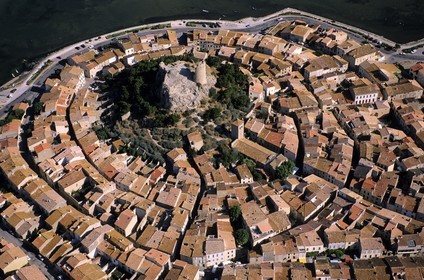 France, Aude, Gruissan, old village around the Barberousse medieval tower (aerial view)