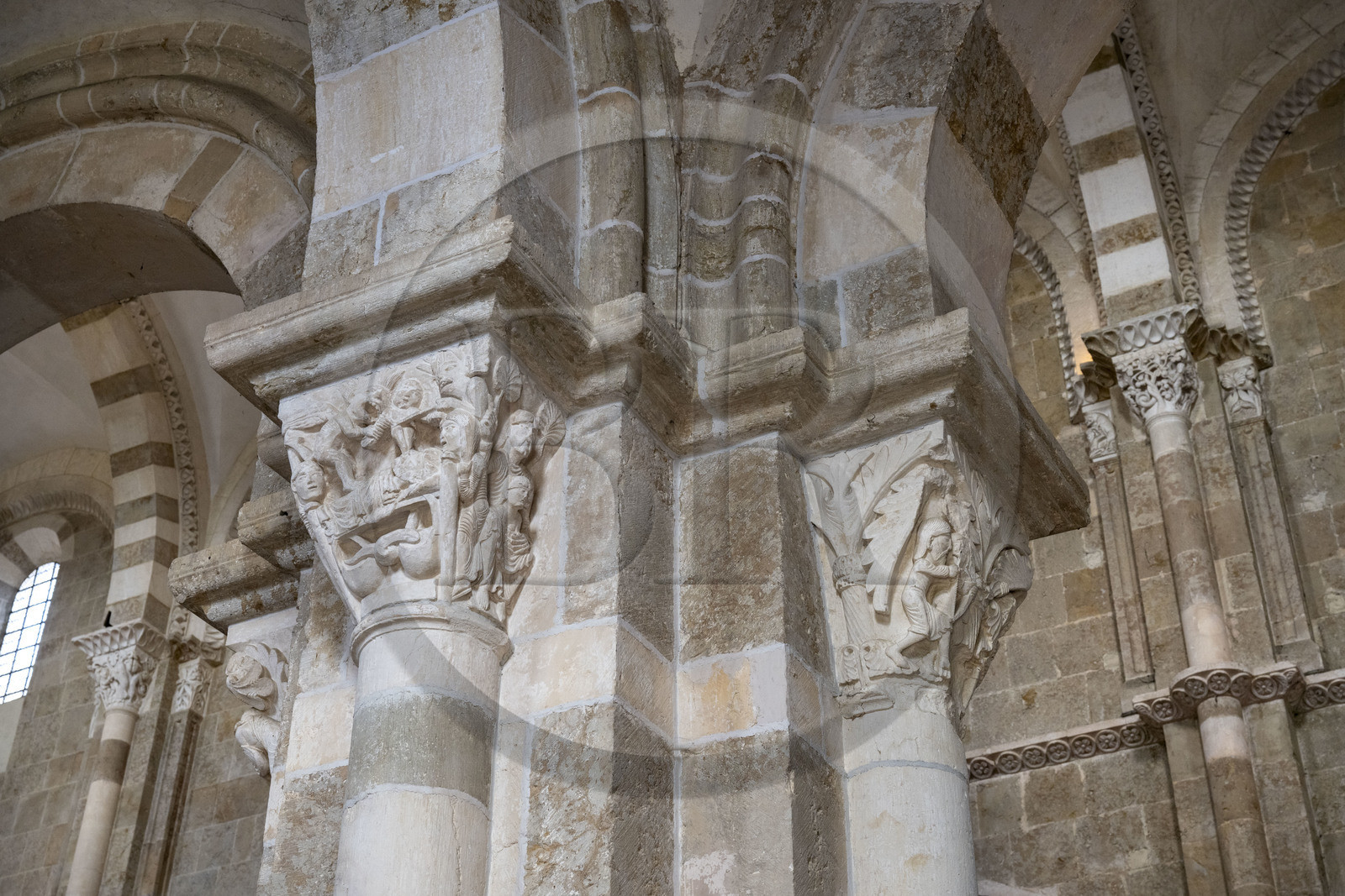 France, Yonne, regional natural park of Morvan, Vézelay, a UNESCO World Heritage site, labelled Les Plus Beaux Villages de France, starting point of one of the main ways to Santiago de Compostela, the Basilica of Saint Mary Magdalene, capitals of the nave (12th century)