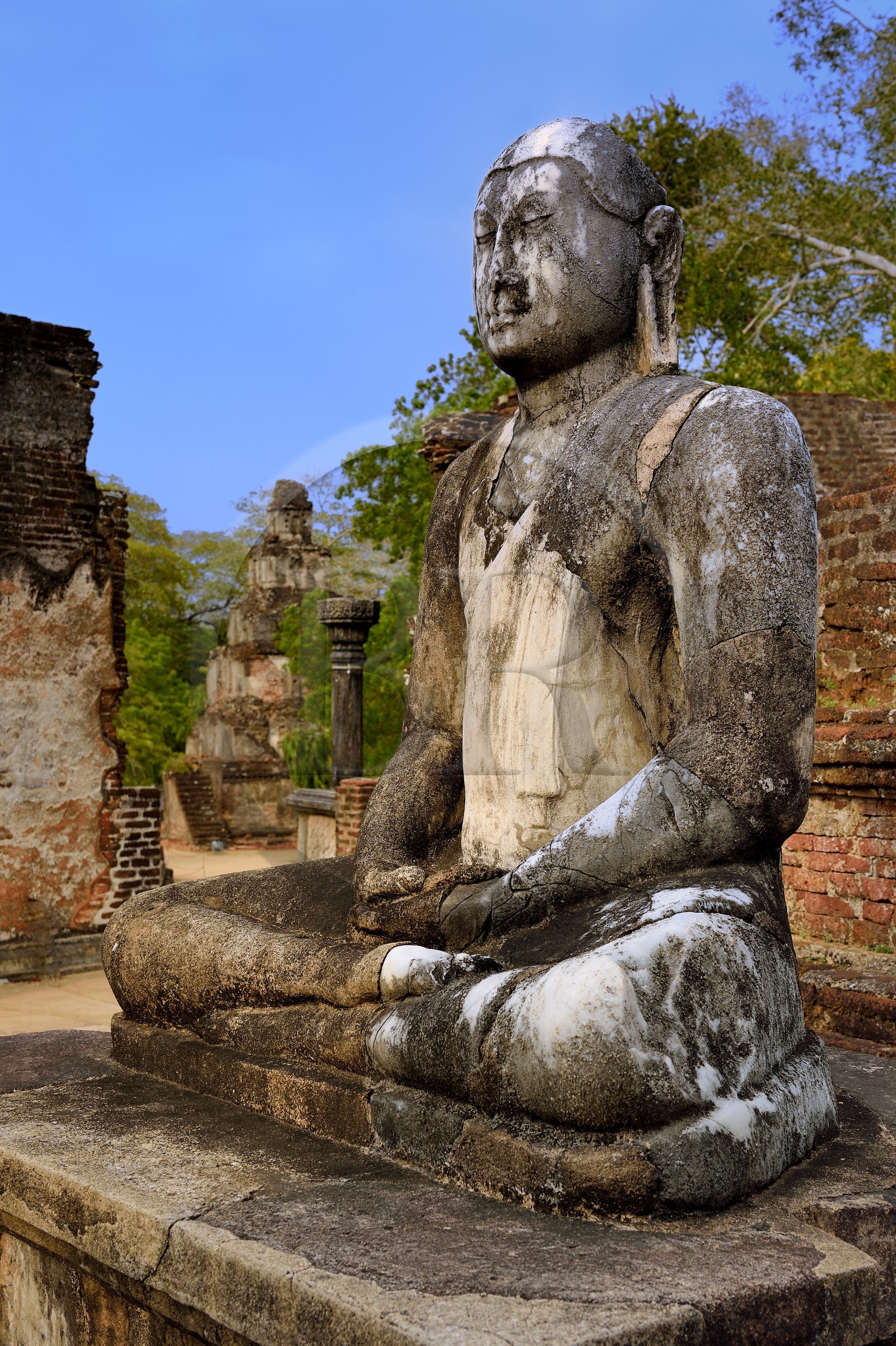 Sri Lanka, province du Centre-Nord, Polonnaruwa, l'ancienne capital du pays (XIe au XIIIe siècle) est classée au Patrimoine Mondial de l'UNESCO, terrasse de la relique de la dent (Dala Maluwa), Vatadage (chambre des reliques) avec sa statue de Bouddha