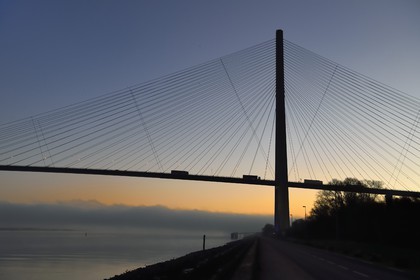 France, between  Calvados and Seine Maritime, the Pont de Normandie (Normandy Bridge) at dawn, it spans the Seine to connect the towns of Honfleur and Le Havre
