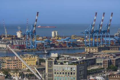 Italy, Liguria, Genoa, containers and cranes in commercial port