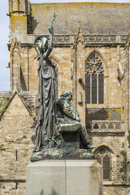 France, Côtes-d'Armor, Tréguier, statue of the writer Ernest Renan and the goddess Athena on the square in front of the Saint Tugdual Cathedral