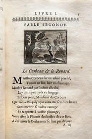 France, Aisne, Château-Thierry, Jean de La Fontaine Museum - city of Chateau-Thierry, first edition of the La Fontaine's Fables book, Edition Claude Barbin and Denys Thierry, 1668, in-4, illustrated by François Chauveau, The Raven and the Fox fable II from book I