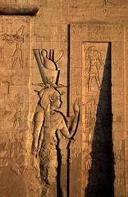Egypt, Nile Valley, Edfou temple, Hathor (Horus wife) on the facade of the first pylon