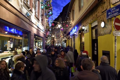 France, Bas Rhin, Strasbourg, old town listed as World Heritage by UNESCO, the Outre street and the big christmas tree on Place Kleber in the background