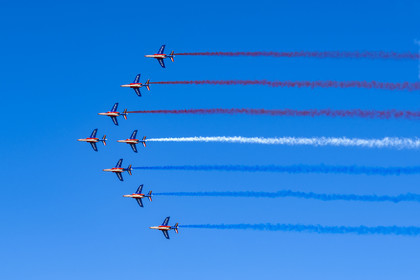 France, Bouches du Rhone, Salon de Provence, air base 701, base of the Patrouille de France (PAF for Patrouille acrobatique de France) of the French Air and Space Force, Alphajet planes fly in formation Big Arrow