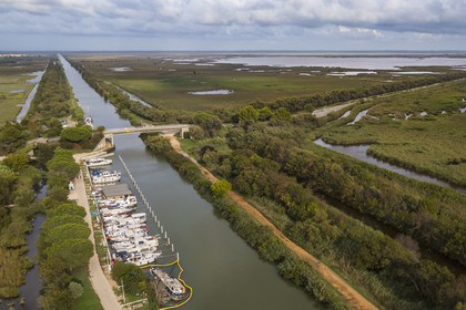 France, Gard, the Petite Camargue, Vauvert, the port of Gallician on the Rhone to Sète canal (aerial view)