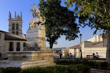 France, Herault, Montpellier, historical center, the Ecusson, the fountain with unicorns in the garden of the Canourgue square