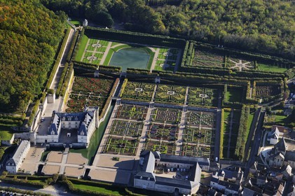 France, Indre et Loire, Loire Valley listed as World Heritage by UNESCO, the castle and gardens of Villandry (owners Henri and Angelique Carvallo) (aerial view)