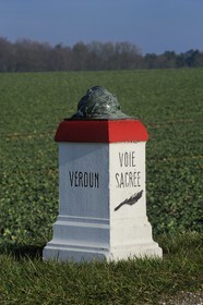 France, Meuse, Verdun area, kilometre marker of the Voie Sacrée (Sacred Way) along the road from Verdun to Bar le Duc