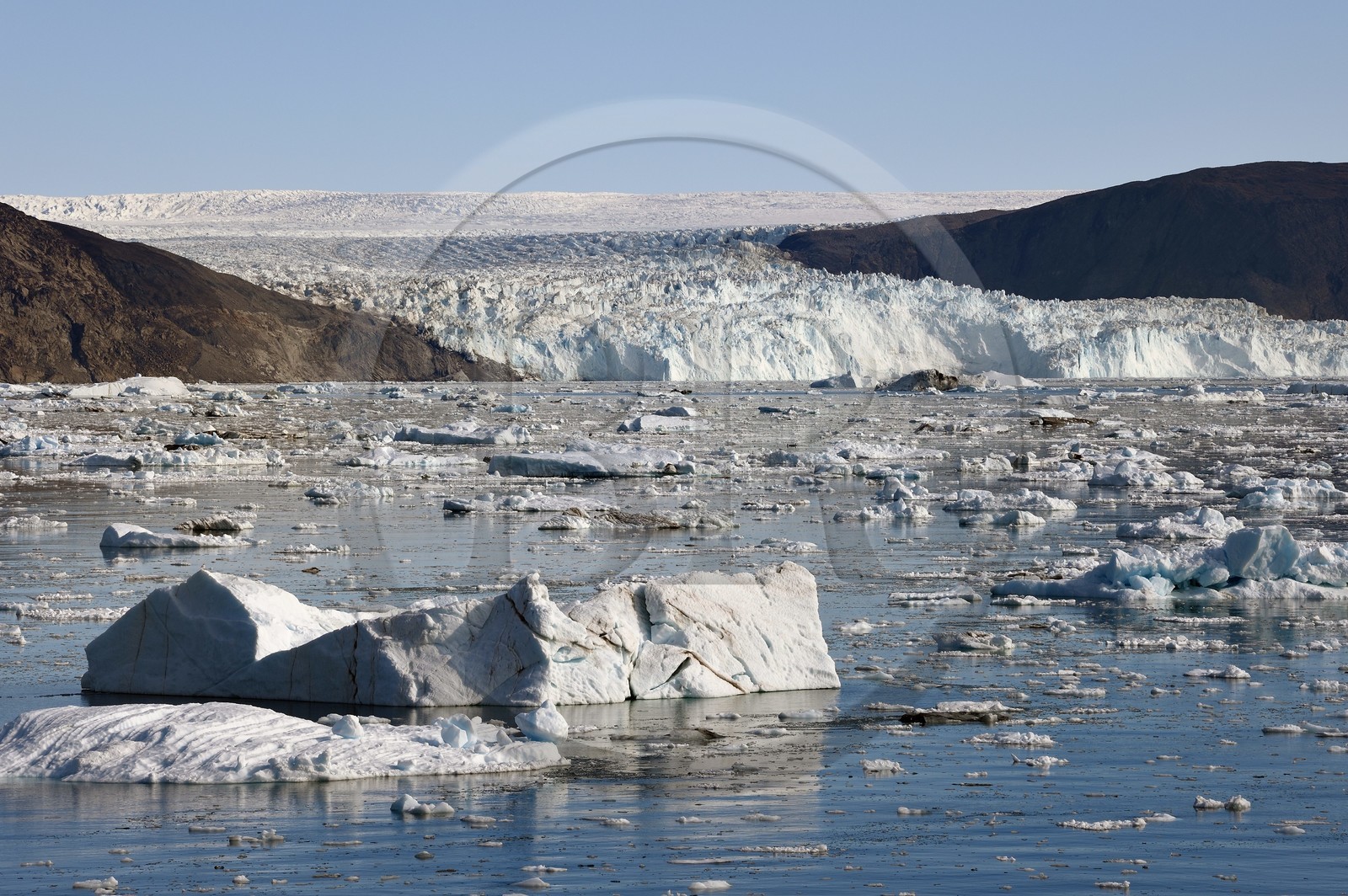 Greenland, west coast, Disko Bay, Quervain Bay, the Eqip Sermia Glacier (Eqi Glacier) stretches for 4 km and rises up to 50 meters in height