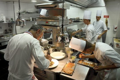 France, Rhone, Lyon, restaurant La Mère Brazier founded in 1921 by Eugenie Brazier, Mathieu Viannay two Michelin stars Chef and his kitchen brigade