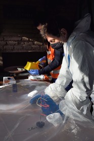 France, Bas-Rhin, Schiltigheim, intervention of two engineers from the National Agency for the Management of Radioactive Waste (Andra) in a private home to remove radioactivity from a rare model of a century-old radium fountain, decontamination of the frame by friction