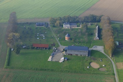 France, Seine-Maritime, Bretteville-du-Grand-Caux, Clos masure, a typical farm of Normandy that houses the Ecomuseum of the Apple and Cider in the farm (aerial view)