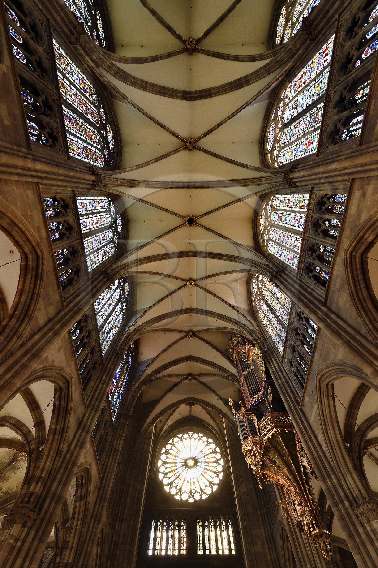 France, Bas-Rhin (67), Strasbourg, vieille ville classée au Patrimoine Mondial de l'UNESCO, la cathédrale Notre-Dame, le plafond de la nef gothique et la rosace