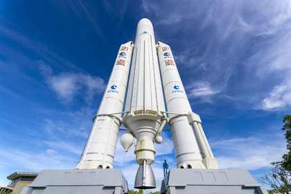 France, French Guiana, Kourou, Guiana Space Centre (Centre spatial guyanais, CSG) also called Europe's Spaceport, life-size replica of the Ariane V rocket