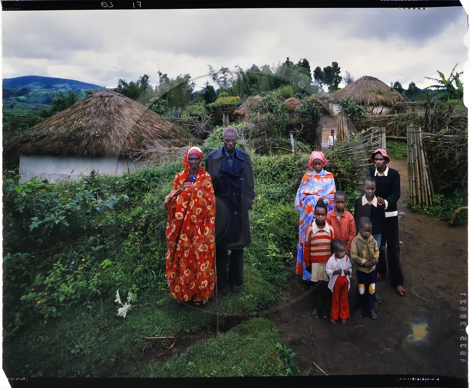 Burundi, province de Bujumbura, région d'Ijenda, famille Tutsi devant leur rugo (ferme traditionnelle) de type archaïque, au premier plan à droite on aperçoit l'enclos où l'on enferme les vaches pour la nuit (avant-cour), sur la gauche on peut voir la case d'un fils marié dont l'accès se fait par la cour principale et en arrière plan se trouve la cour principale avec la case du chef de rugo et les greniers (reproduction plan-film inversible 4x5)