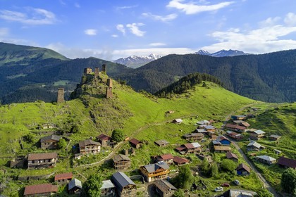 Georgia, Kakheti, Tusheti region, Omalo, the fortress of Keselo in Zemo (upper) Omalo served as a refuge for locals in wartime, medieval fortified towers (aerial view)