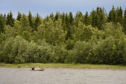 Sweden, Vasterbotten County, Umea, boat going up the Ume River (Umeälven)