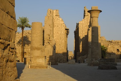Egypt, Upper Egypt, Nile Valley, Luxor, Karnak Temple listed as World Heritage by UNESCO, column of Taharqa and the colossus of Ramesses II