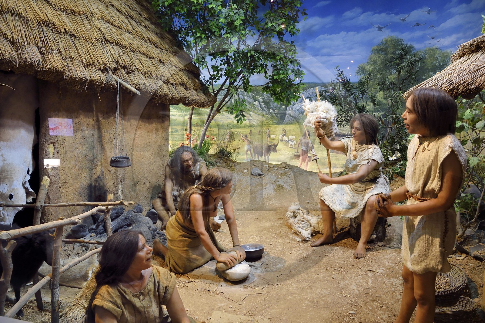 France, Alpes de Haute Provence, Parc Naturel Régional du Verdon, Quinson, Museum of the Gorges du Verdon Prehistory designed by architect Norman Foster, reconstitution of a neolithic village in Haute-Provence (around 2000 BCE)