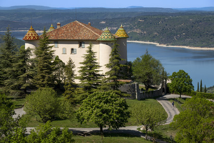 France, Var (83), Verdon Regional Natural Park, the Aiguines castle overlooking the Sainte-Croix lake