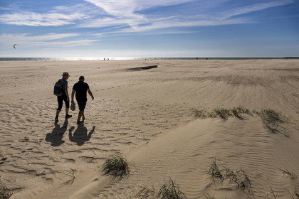 France, Vendée (85), Talmont Saint Hilaire, la Pointe du Payré, hikers on Veillon beach