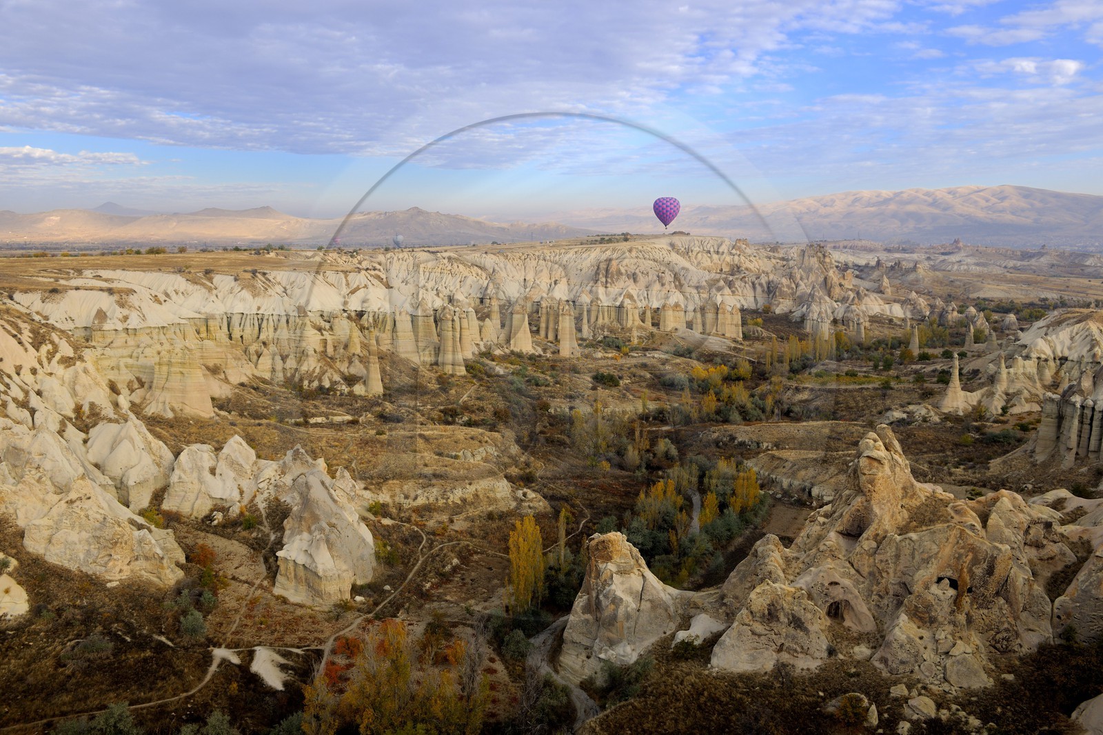 Turquie, Anatolie Centrale, province de Nevsehir, Cappadoce classée Patrimoine Mondial de l'UNESCO, environs d'Uçhisar, vallée de l'Amour, paysage d'érosion et cheminées de fées (vue aérienne)