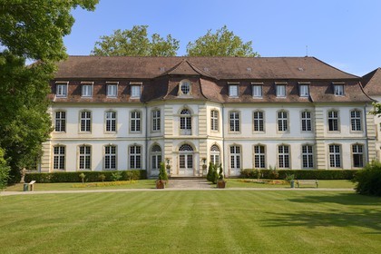 France, Haut Rhin, Mulhouse, Rixheim, Museum of the wallpaper left, town hall in the center and Jean Zuber Manufactory right, former commander of the Teutonic Knights Order
