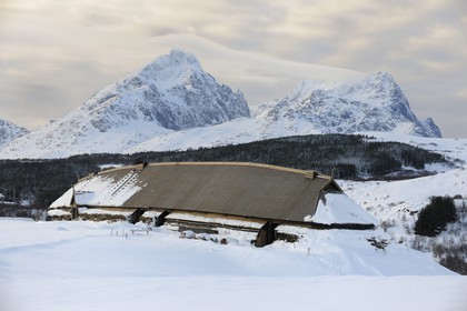 Norway, Nordland County, Lofoten Islands, Vestvagoy Island, Borg Viking Museum in Winter, rebuilding of an old house 83 m long