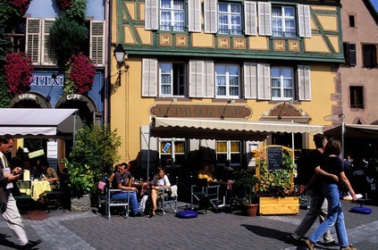 France, Haut Rhin, Ribeauville, half timbered house, winstub Post Office restaurant