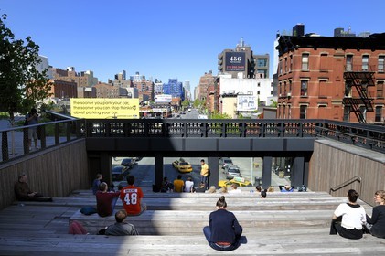United States, New York, Manhattan, Meatpacking district (Gansevoort Market), the High Line is a park built on a section of the former elevated freight railroad spur, a window over the avenue provides unusual views on the 10th Avenue