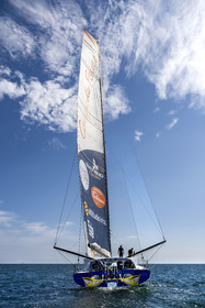 France, Vendee, Les Sables d'Olonne, skipper Manuel Cousin training on his 60-foot monohull sailboat IMOCA Coup de Pouce