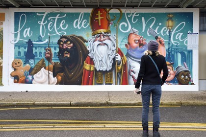 France, Meurthe-et-Moselle, Nancy, Haussonville covered market, fresco on the theme of Saint-Nicolas by the Moulin Crew   Phantasia collective