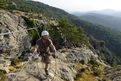 France, Corse du Sud, Alta Rocca, massif of Bavella, Via ferrata of the adventure park Corsica Madness