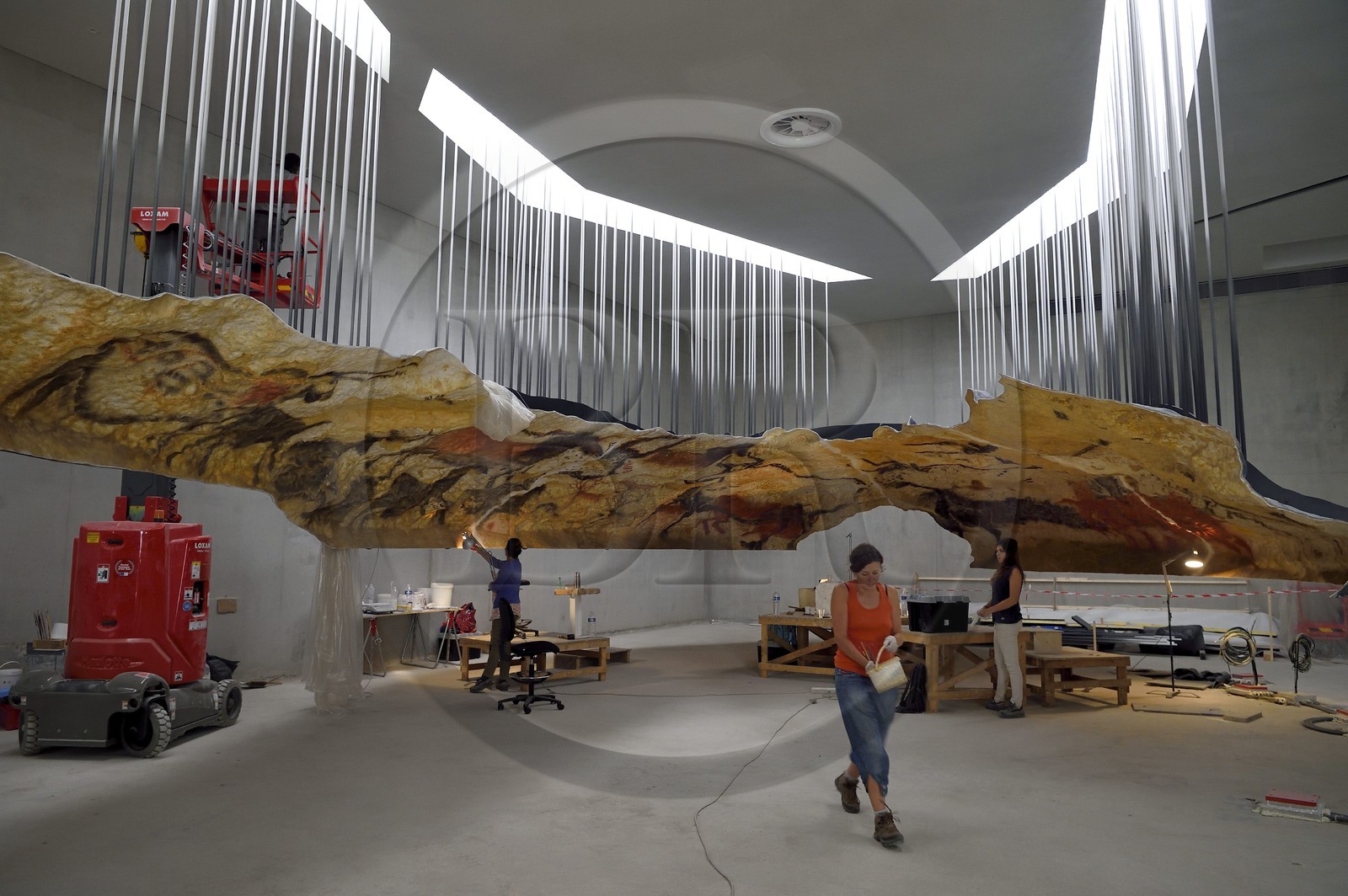 France, Dordogne (24), Montignac, chantier du futur Centre International de l'Art pariétal de Montignac-Lascaux (Lascaux 4), espace pédagogique reprenant des panneaux de la grotte réalisés par l’Atelier des Fac-Similés du Périgord (AFSP), ici les peintures de la salle des taureaux France, Dordogne (24), Montignac, chantier du futur Centre International de l'Art pariétal de Montignac-Lascaux (Lascaux 4), espace pédagogique reprenant des panneaux de la grotte réalisés par l’Atelier des Fac-Similés du Périgord (AFSP), ici les peintures de la salle des taureaux