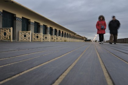France, Calvados, Pays d'Auge, Deauville, the famous planks on the beach