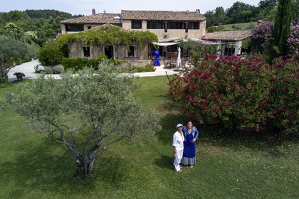 France, Vaucluse, Parc Naturel Regional du Luberon (Natural Regional Park of Luberon), Cadenet (Lourmarin), Auberge La Feniere 1 star Michelin, the chef Reine Sammut and her daughter Nadia (aerial view)